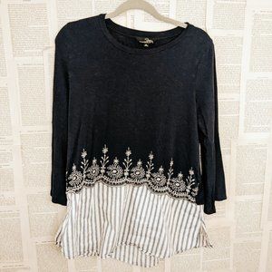 Navy with White and Blue Striped Top with Embroidery Bottom and Bell Sleeves Med